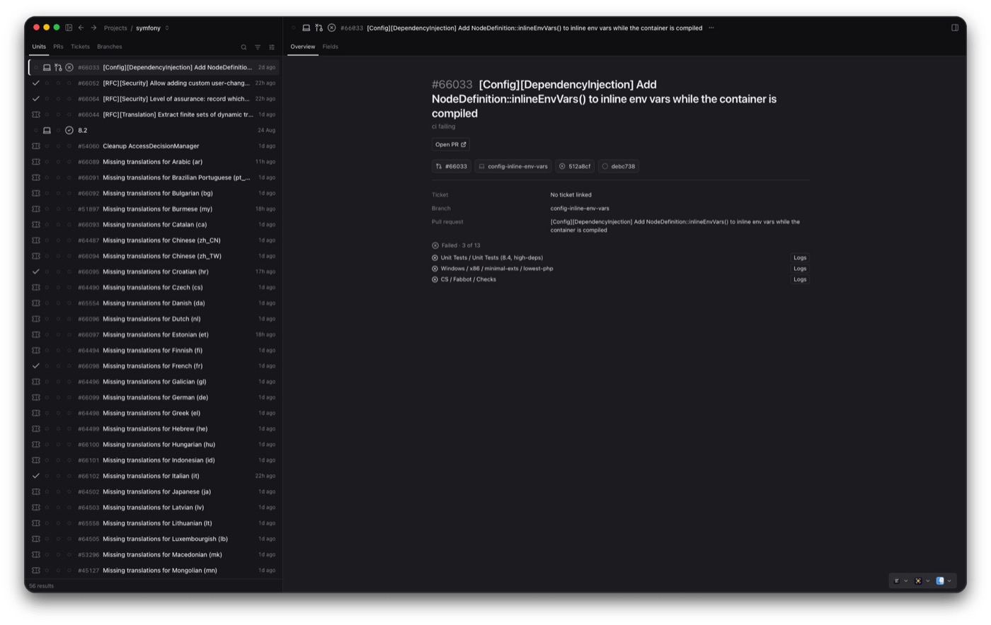 A ticket with its branch, pull request and build checks in Salience